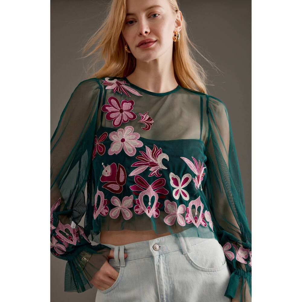 By Anthropologie Long-Sleeve Embroidered Mesh Top 3x NWT